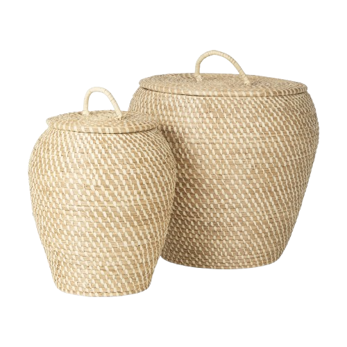 Kalopa Set of 2 Seagrass Floor Baskets w/ Flat Handled Lid