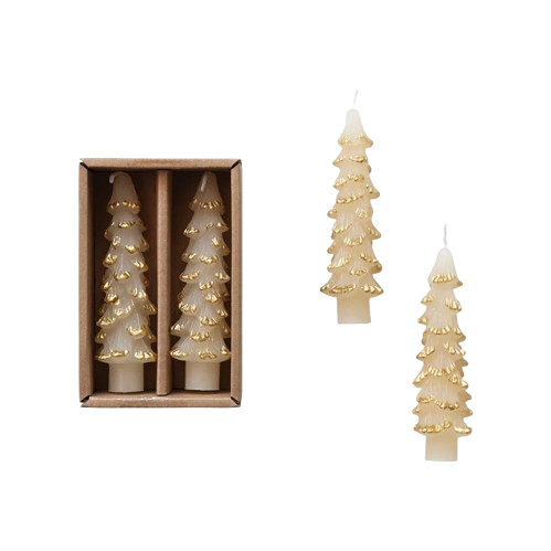 Unscented Tree Shaped Taper Candles w/ Gold Tips in Box, Eggnog Color, Set of 2, 4.75"