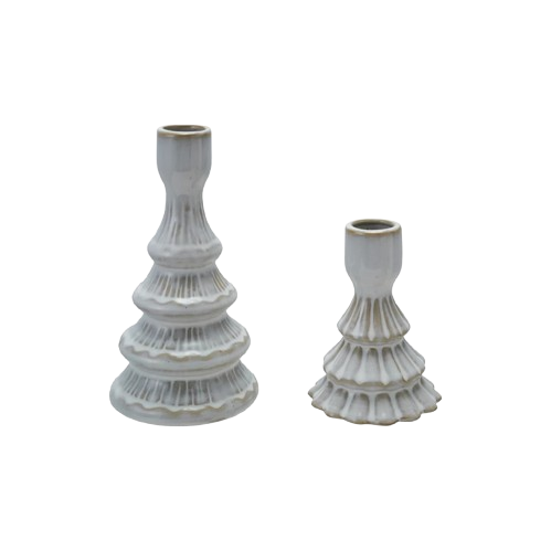 Stoneware Tree Shaped Taper Holder, White, Set of 2