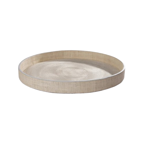 Atelier Natural Fiber Raffia Round Serving Tray with Leather Trim