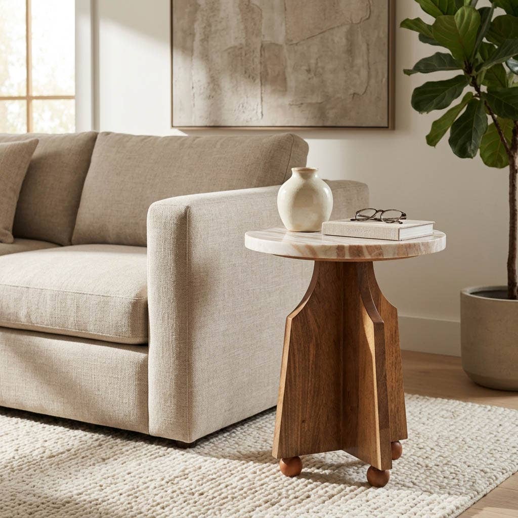 Sage Accent Table - Ivory Marble Top + Brown Wood Base