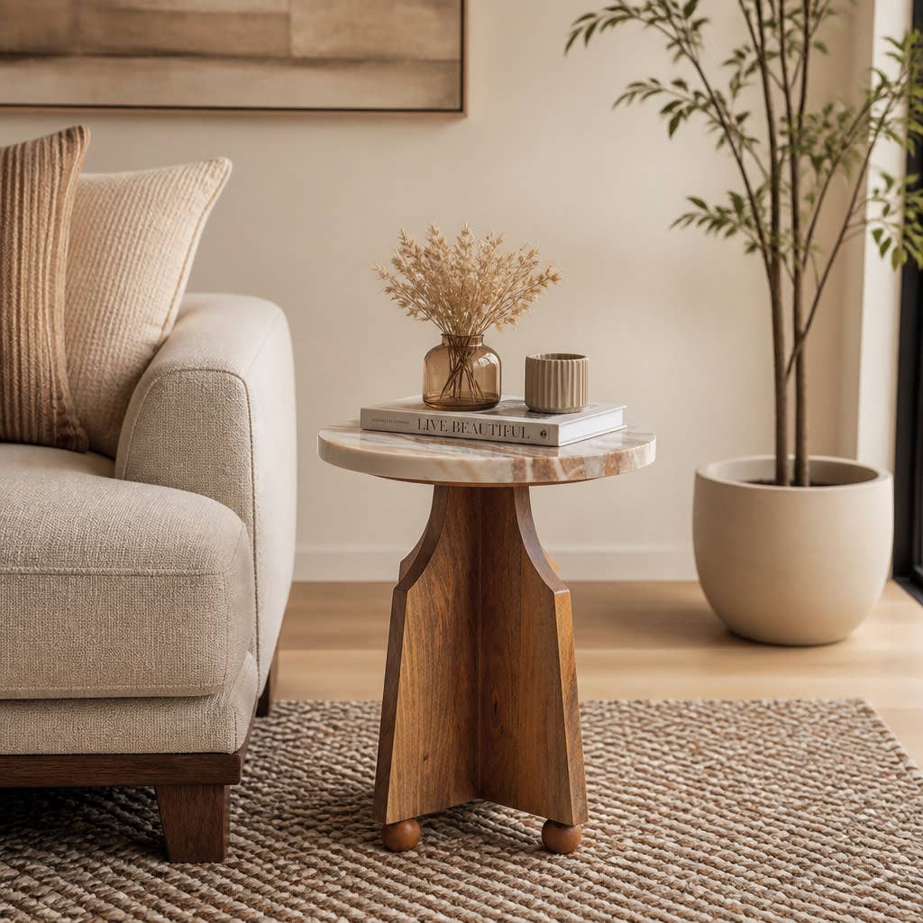 Sage Accent Table - Ivory Marble Top + Brown Wood Base