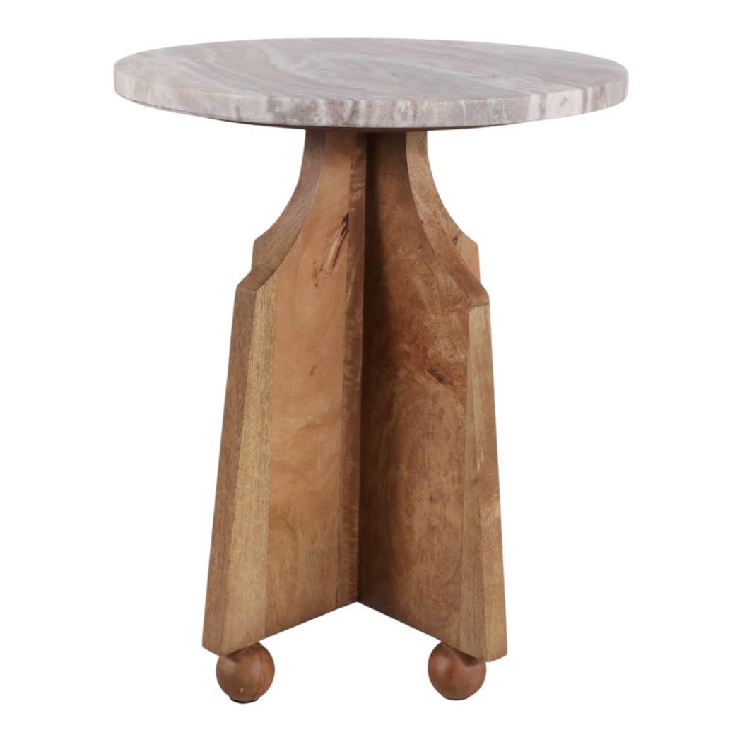 Sage Accent Table - Ivory Marble Top + Brown Wood Base