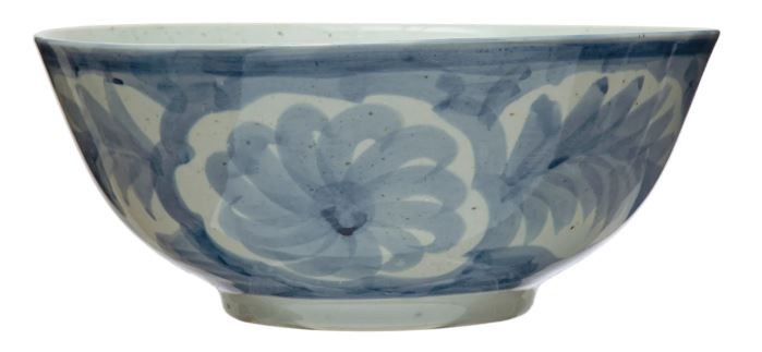 Hand-Painted Stoneware Bowl w/ Design, Blue & White