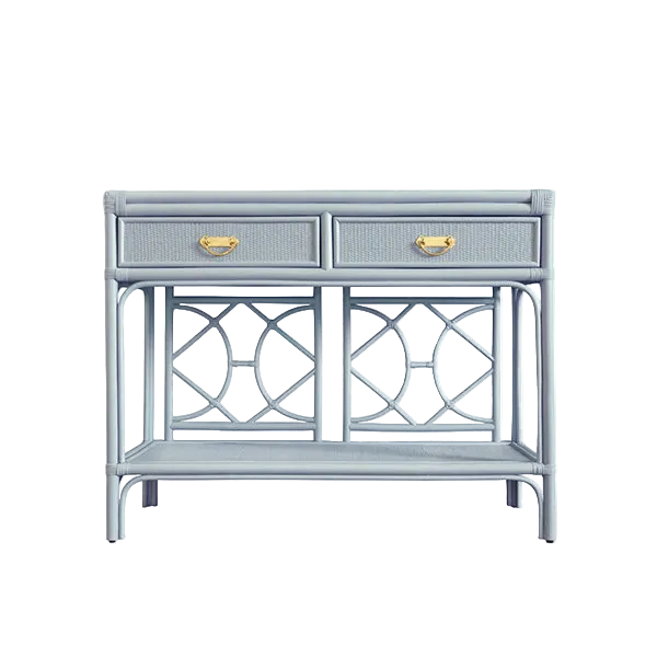 A light blue console table featuring two drawers with textured fronts and brass handles, supported by a geometric metal frame with an open lower shelf, set against a plain white background.