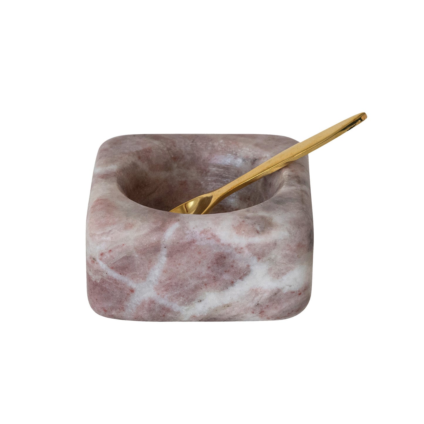 Marble Bowl with Brass Spoon, Pink, Set of 2 (Each One Will Vary)