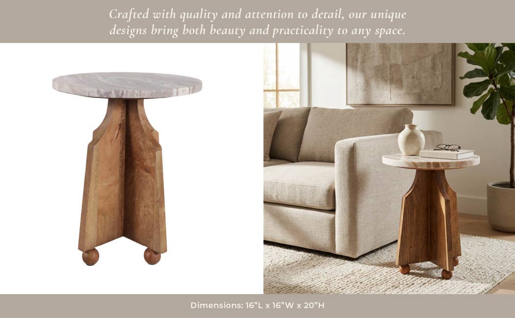 Sage Accent Table - Ivory Marble Top + Brown Wood Base