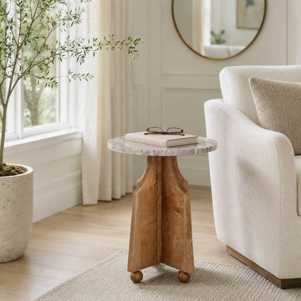 Sage Accent Table - Ivory Marble Top + Brown Wood Base