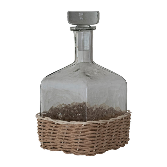 1-1/4 Quart Hammered Glass Bottle with Glass Stopper & Hand-Woven Rattan Base