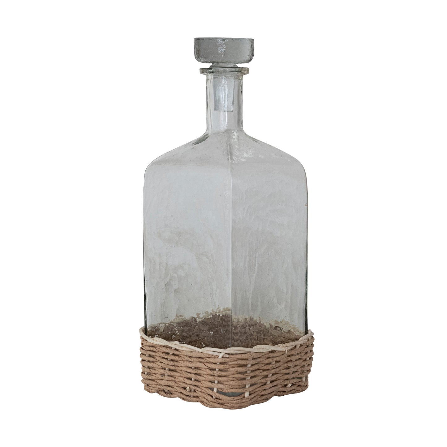 Quart Hammered Glass Bottle with Glass Stopper & Hand-Woven Rattan Base