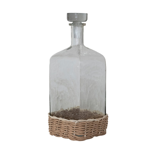 Quart Hammered Glass Bottle with Glass Stopper & Hand-Woven Rattan Base