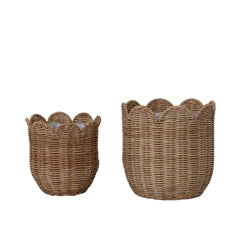 Hand-Woven Rattan Scalloped Planters with Plastic Lining, Set of 2