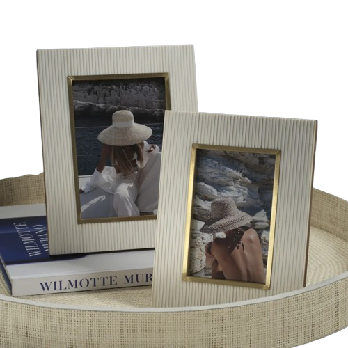 Bossa Ribbed White Resin Photo Frame with Brass Inside Border