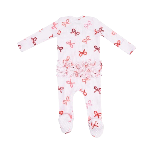 Candy Cane Bows - 2 Way Zipper Ruffle Back Footie, 6-9M