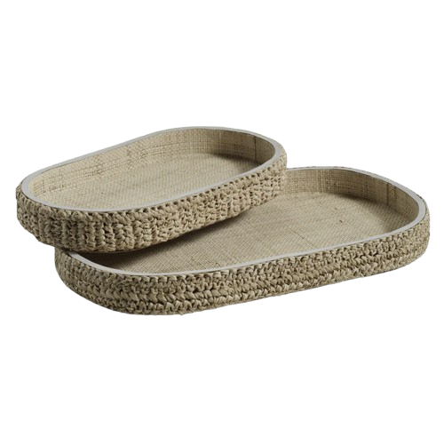 Oval Raffia Tray with Leather Trim