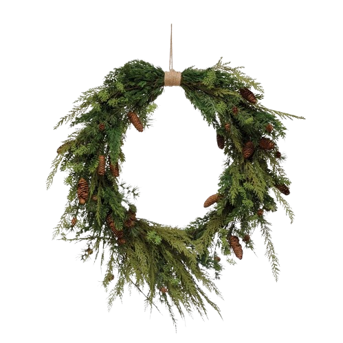 Faux Pine Wreath with Pinecones and Jute Hanger