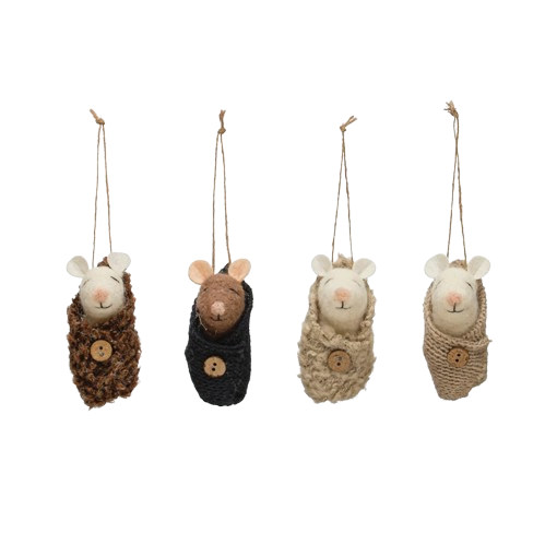 2-3/4"H Wool Felt Baby Mouse in Swaddle Ornament w/ Button, 4 Styles