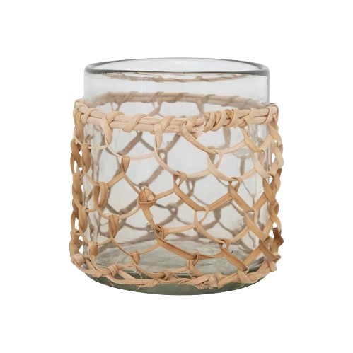 Glass Rattan Wrapped Votive Holder with Woven Rattan Sleeve