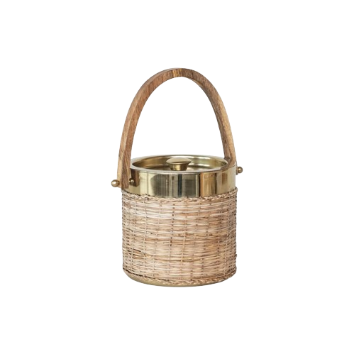 1-1/2 Quart Stainless Steel & Woven Rattan Ice Bucket w/ Mango Wood Handle