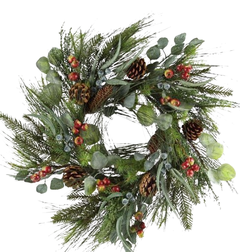 24" GREEN PINE WREATH WITH PINECONES AND MINI POMEGRANATE BERRIES