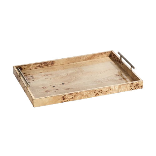 Leiden Burl Wood Design Rectangular Tray with Gold Handles